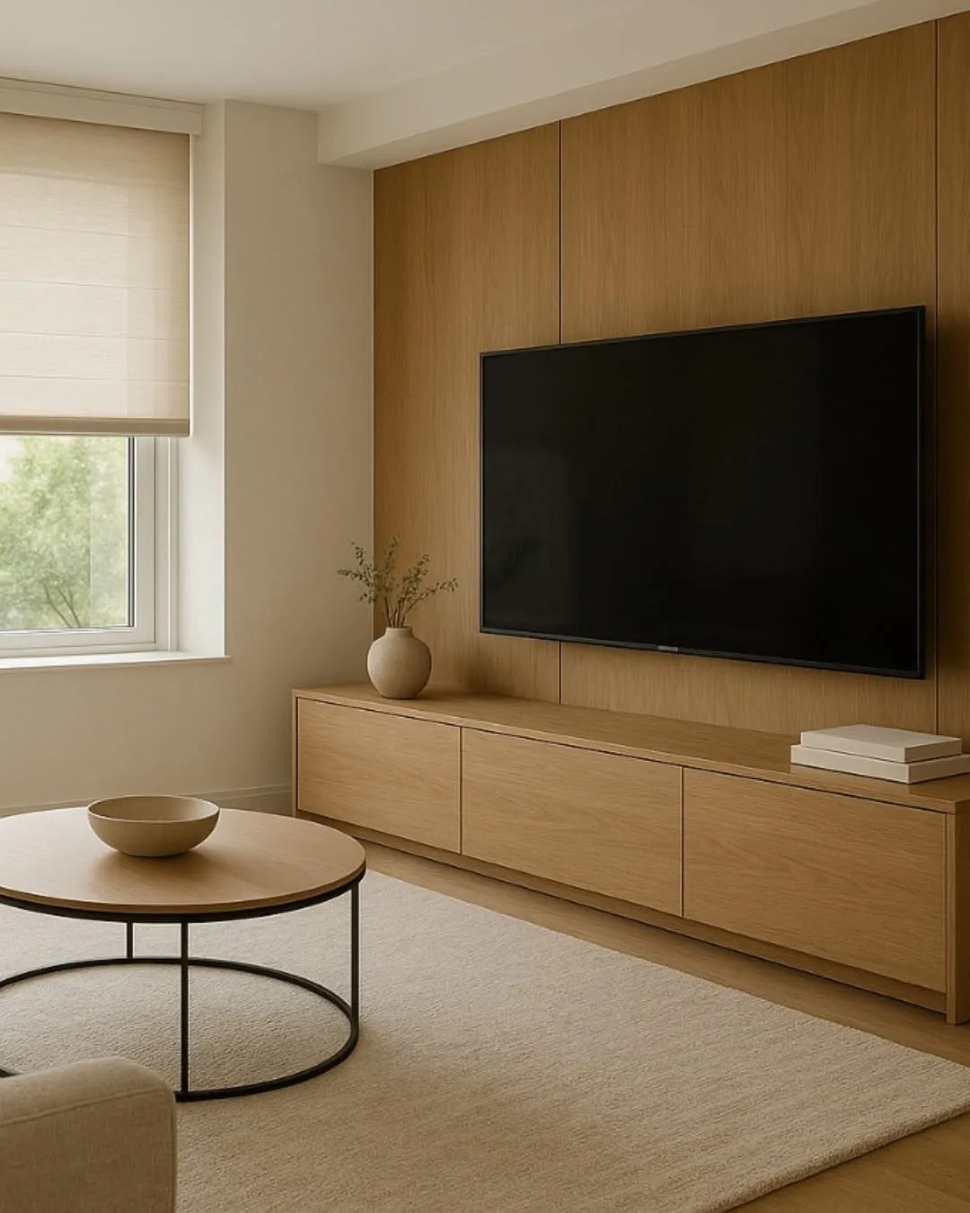 Sala com painel e rack em madeira natural